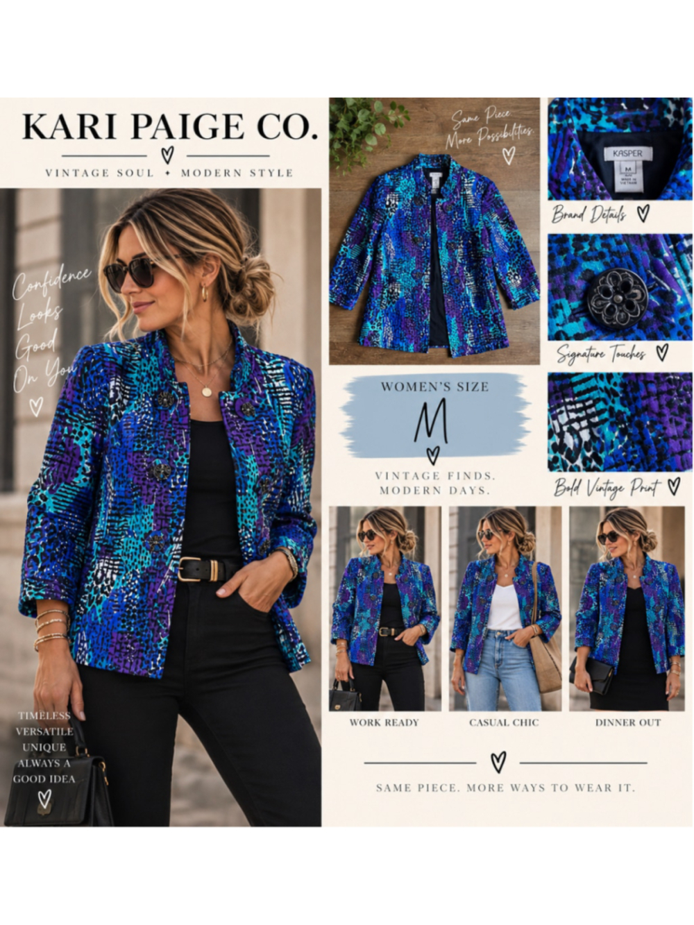 Women's MULTIPLES Blazer M Blue Purple Animal Print F26